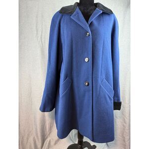 VTG Alfred Dunner 16 Lined 100% Wool‎ Coat Blue W/ black velvet trim USA MADE